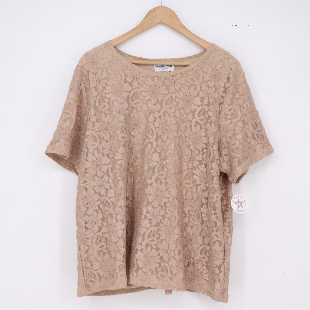 Heritage Road Top Women 2X Tan Floral Lace Short Sleeve Lined New